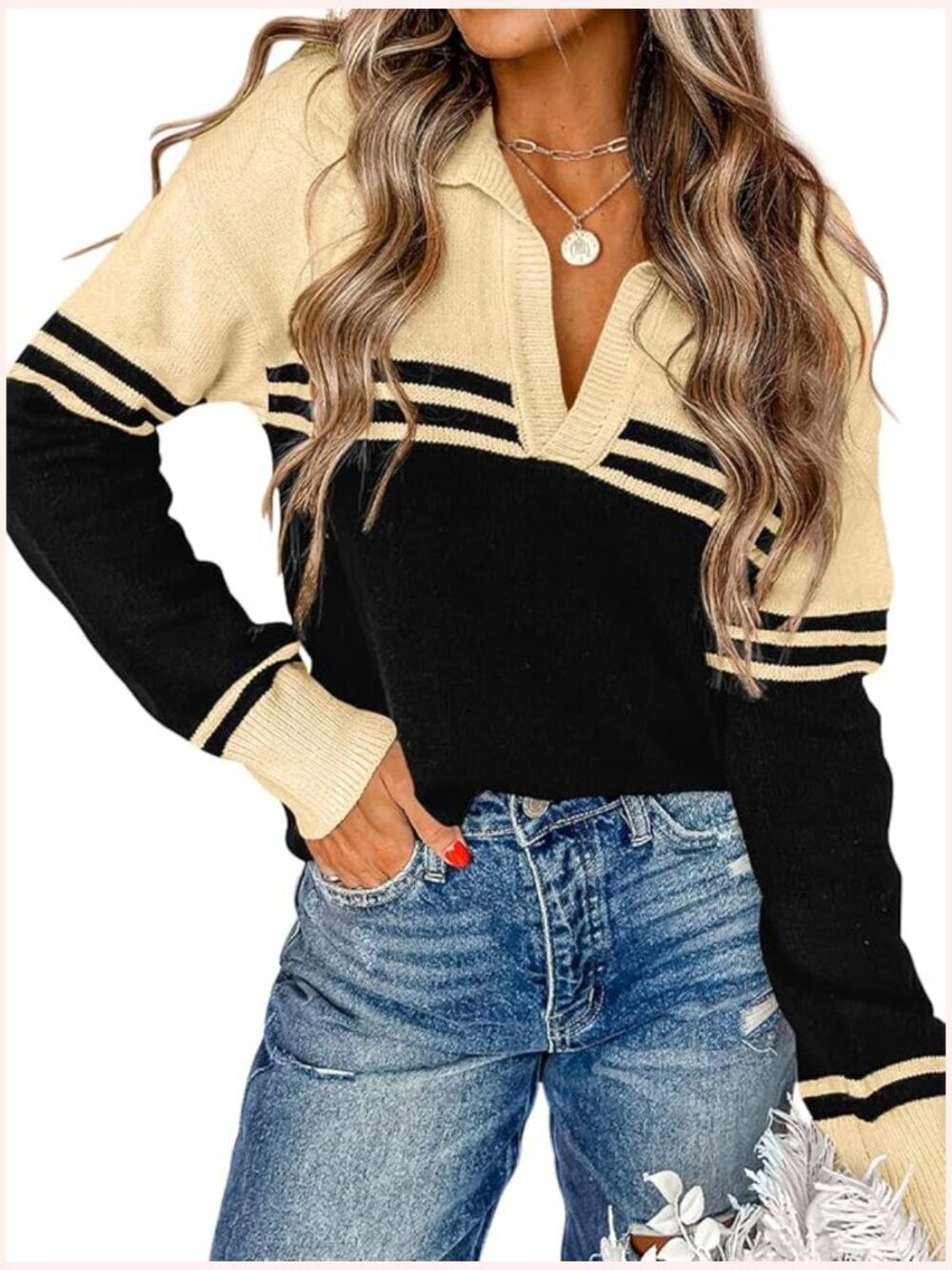 Long Sleeve V Neck Pullover Sweater Chunky Knit Striped Tops